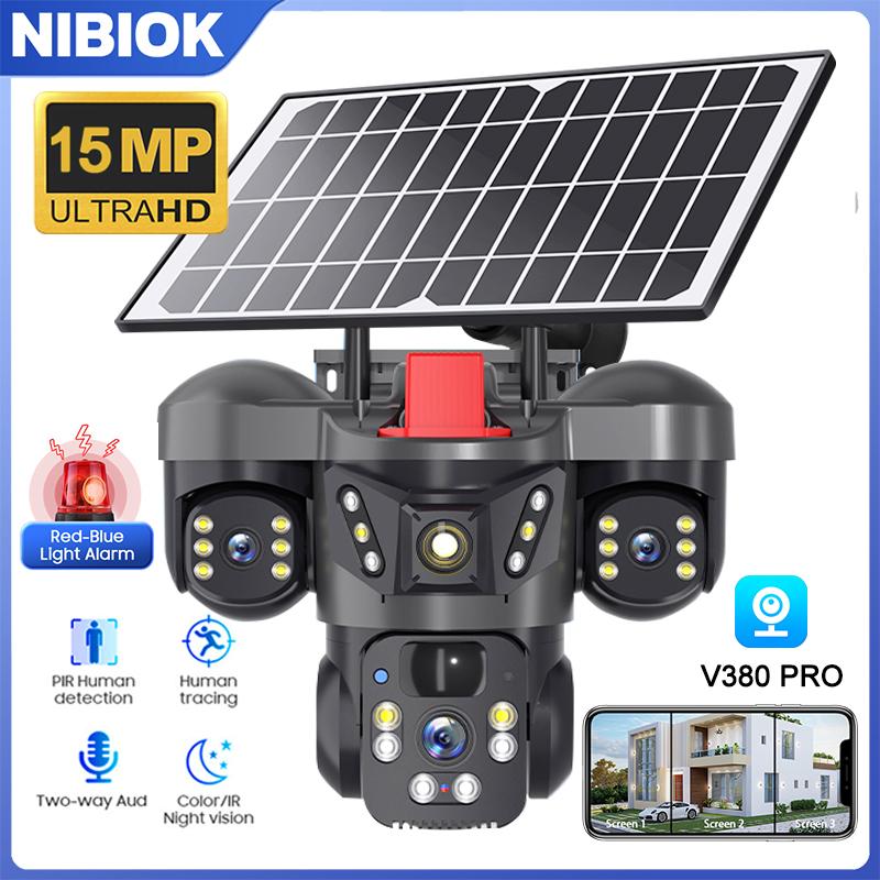 

NIBIOK 4G Solar Camera HD 15MP Triple Lens V380 Pro Outdoor Camera Night Vision Waterproof Two Way Intercom Mobile Tracking CCTV camera+128gb