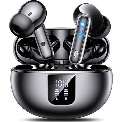Bezdrátová sluchátka do uší Bluetooth 5.4 s duálním potlačením hluku, mikrofonem a režimem průhlednosti, 36 hodin přehrávání, LED displej, IP7 vodotěsná