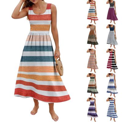 Ladies' Striped Summer Casual and Fashionable Sleeveless Long Dress