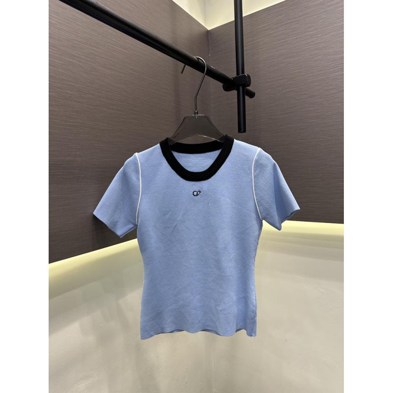 2026 Summer Women's Color Block Embroidery Knit Slimming Round Neck Short Sleeve T-Shirt