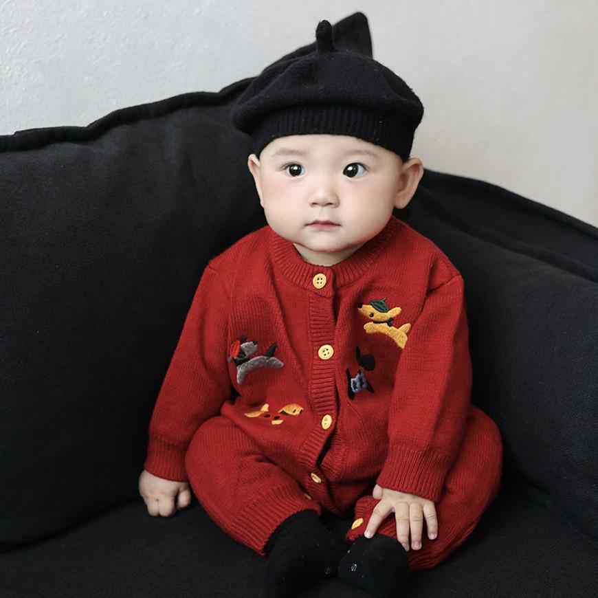 Festive Red Knit Baby Onesie - Autumn/Winter First Birthday Bodysuit
