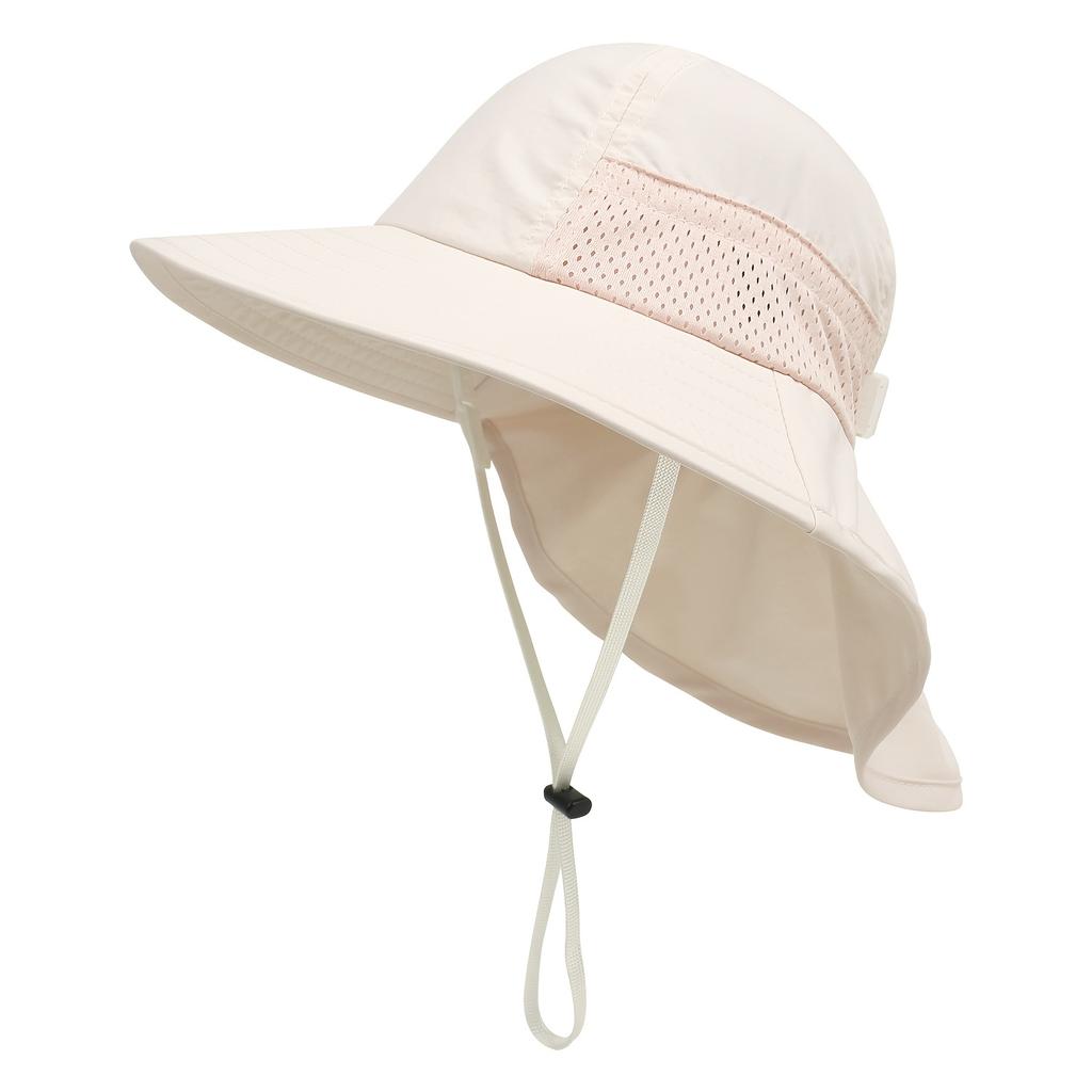 Children's Outdoor Wide-Brim Neck-Protection Hat, Breathable Mesh Sun Hat with Windproof Cord, Beach Play Hat