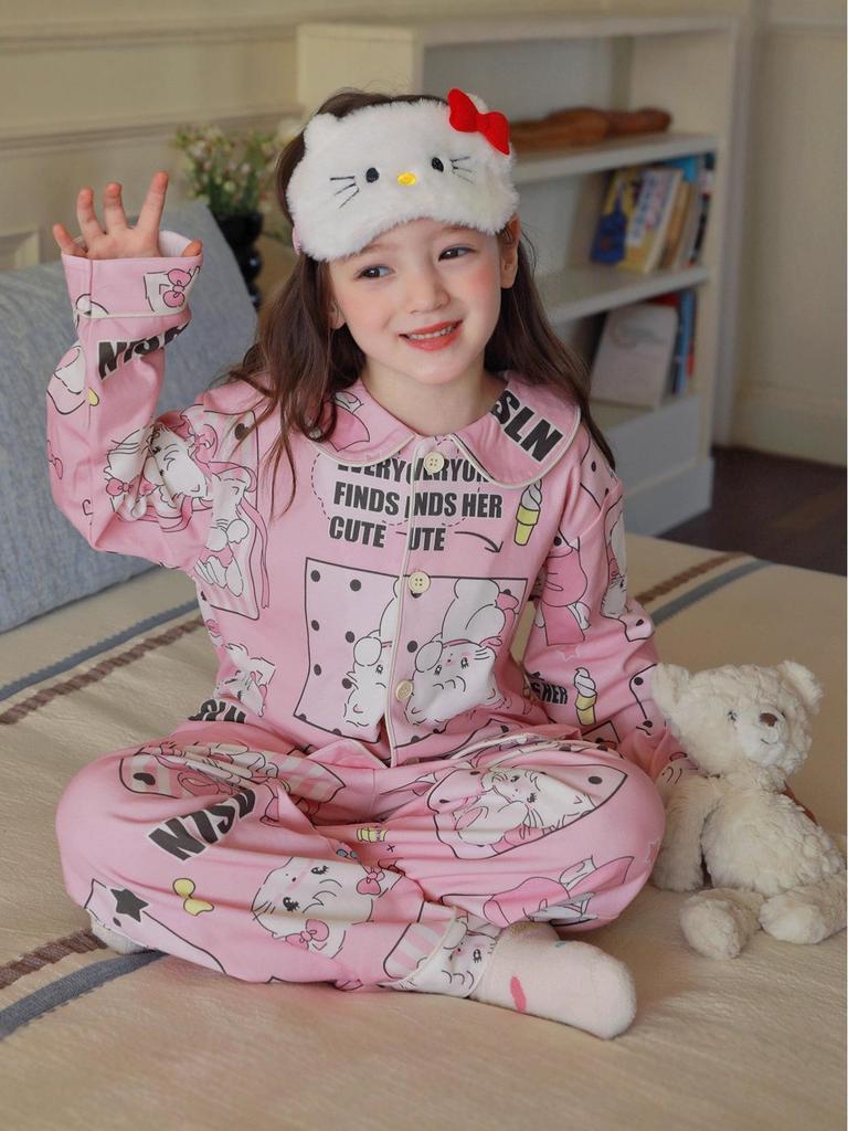 Kids' Korean Style KT Cat Pajamas - Girls' Medium/Large, Cute Cartoon Spring/Autumn Sleepwear
