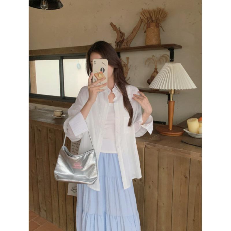 

Wind large size real shot striped thin shirt women s summer coat new design loose top XL белый