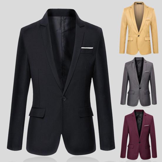 Flap Pockets Long Sleeve Men Blazer Casual Single Button Lapel Suit Jacket Male Clothing