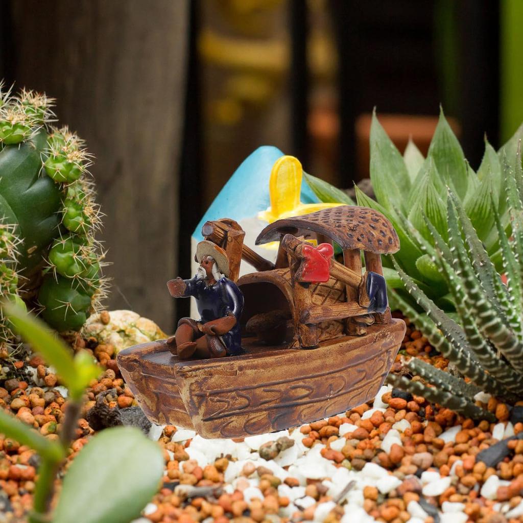 Didiseaon Micro Boat Figurine Landscape for Fish Tank, 3Inch Mini Ceramic Vintage Boat Ornament for Garden Bonsai Sand Table Crafts