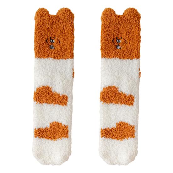 Fluffy Winter Crew Socks Cute Animal Embroidery Warm Socks Thick Fuzzy Plush Bear Cat Thermal Socks for Women Sleep Home Lounging