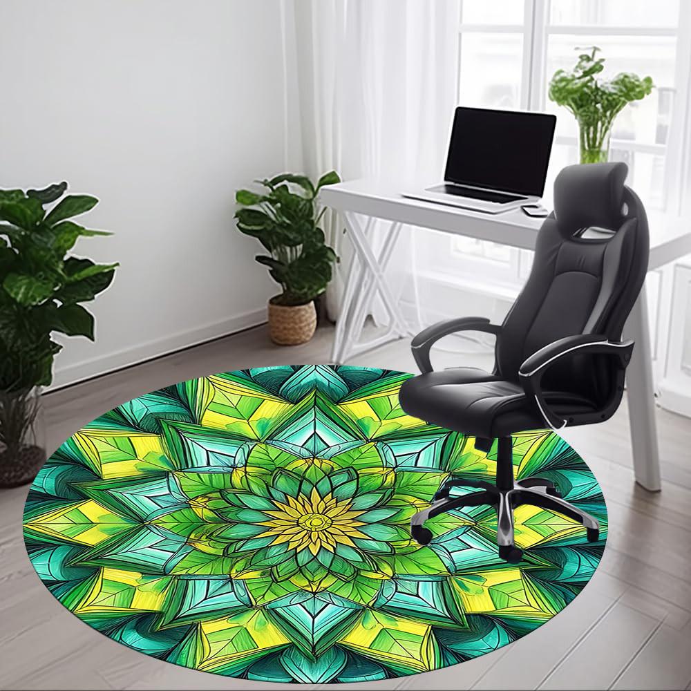 1PC Green Mandala Pattern Office Round Rug, Non slip, Soft and Durable Office Rug for Interior Decoration, Perfect for Office
