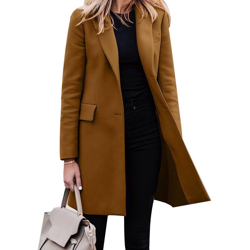 Women's Coat Winter Medium-length Row of Buttons Solid Color Tweed Long Sleeve Turn-down Colla Coats