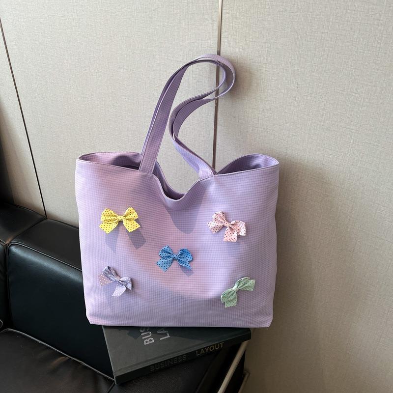 Bow Shoulder Bag Spring and Summer New Fashion Casual Canvas Bag Large Capacity Class Tote Women's Bag