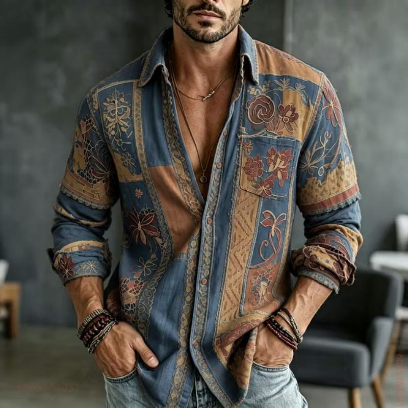 Men's Long Sleeved Shirt with Floral Totem Full Print Top, Versatile for Daily Use, Fashionable and Comfortable Casual Shirt