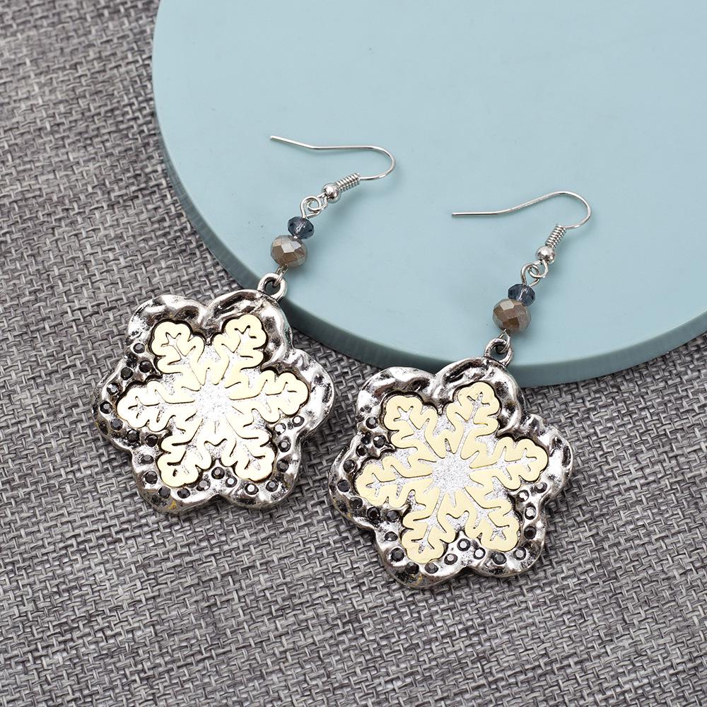 Two-Tone Electroplated Alloy Snowflake Earrings - Retro Christmas Style for Women