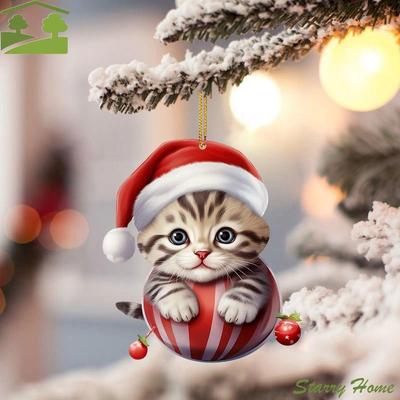 2D Christmas Cat Pendant Flat Decorative Cat Xmas Hat Ornament Acrylic Cat Car Pendant Christmas Tree Decorations