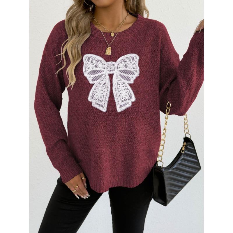 Women S Round Neck Long Sleeve Pullover Sweater Featuring Embroidered Lace Butterfly Splicing