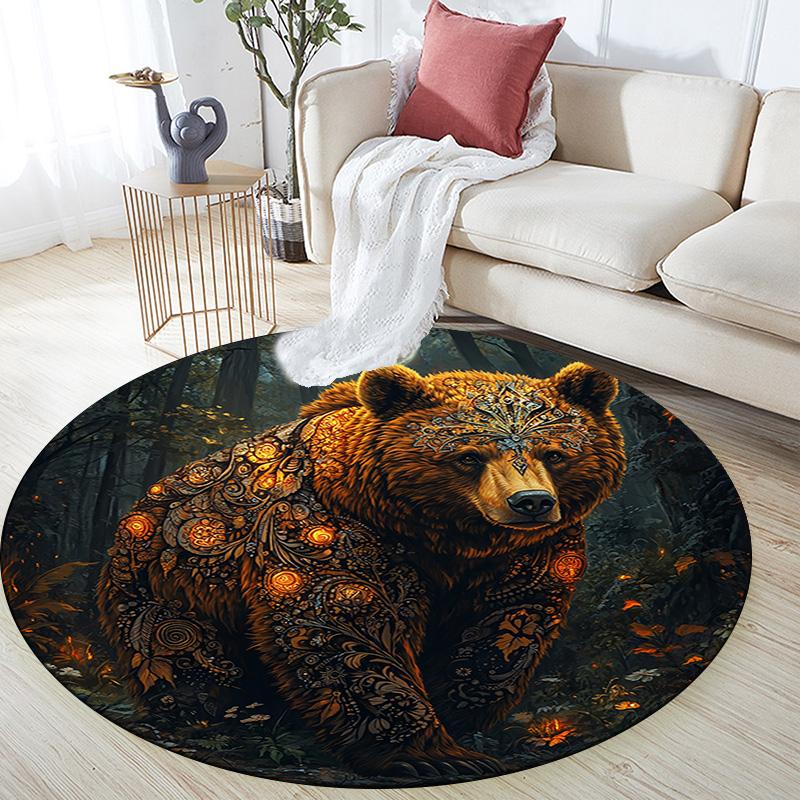 Golden Bear Round Area Rug,Carpet Rug for Living Room Bedroom Sofa Playroom Decor,Non-slip Floor Mat