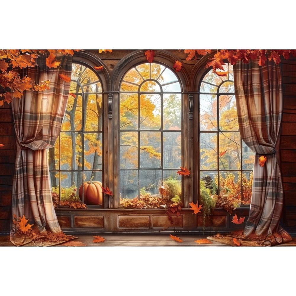 Autumn Forest Window Photography Backdrop Fall Maple Leaves Pumpkin Harvest Thanksgiving Kids Portrait Photo Background Decor
