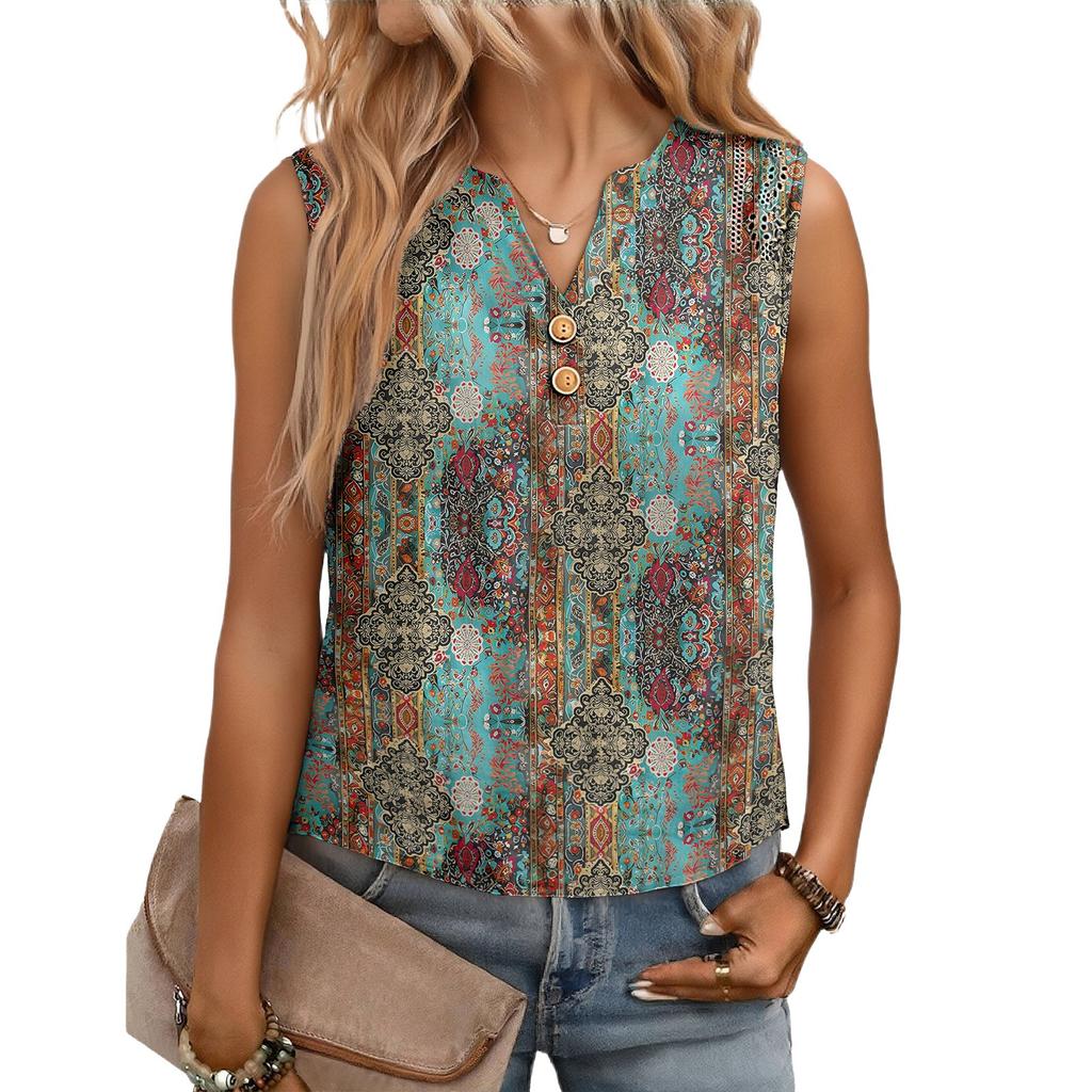 Women's Casual, Loose-Fitting, Printed, Sleeveless Linen Blouse