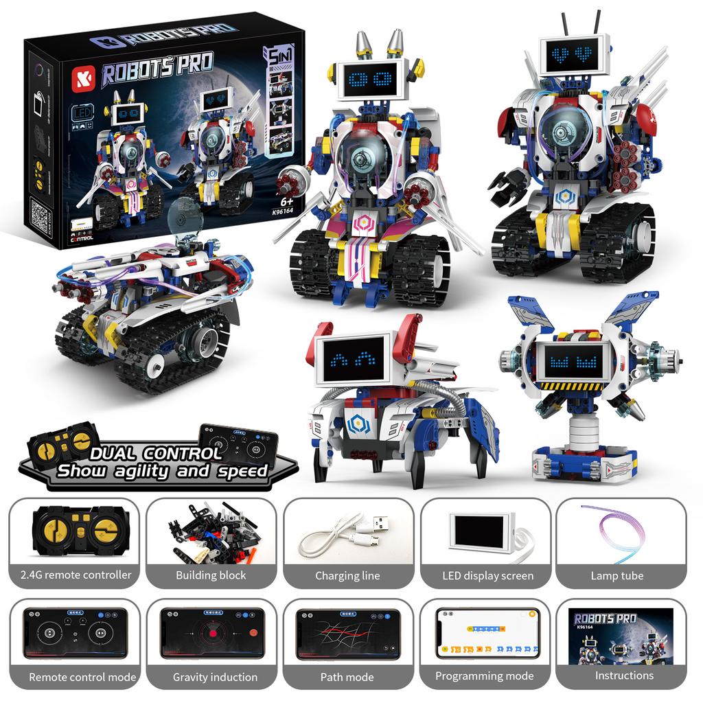 Moc 603Pcs 5 In 1 Electric Rc Intelligent Screen Led Rabbit Robot Rocket Car Mechanical Dog Diy Building Block Children'S Toy