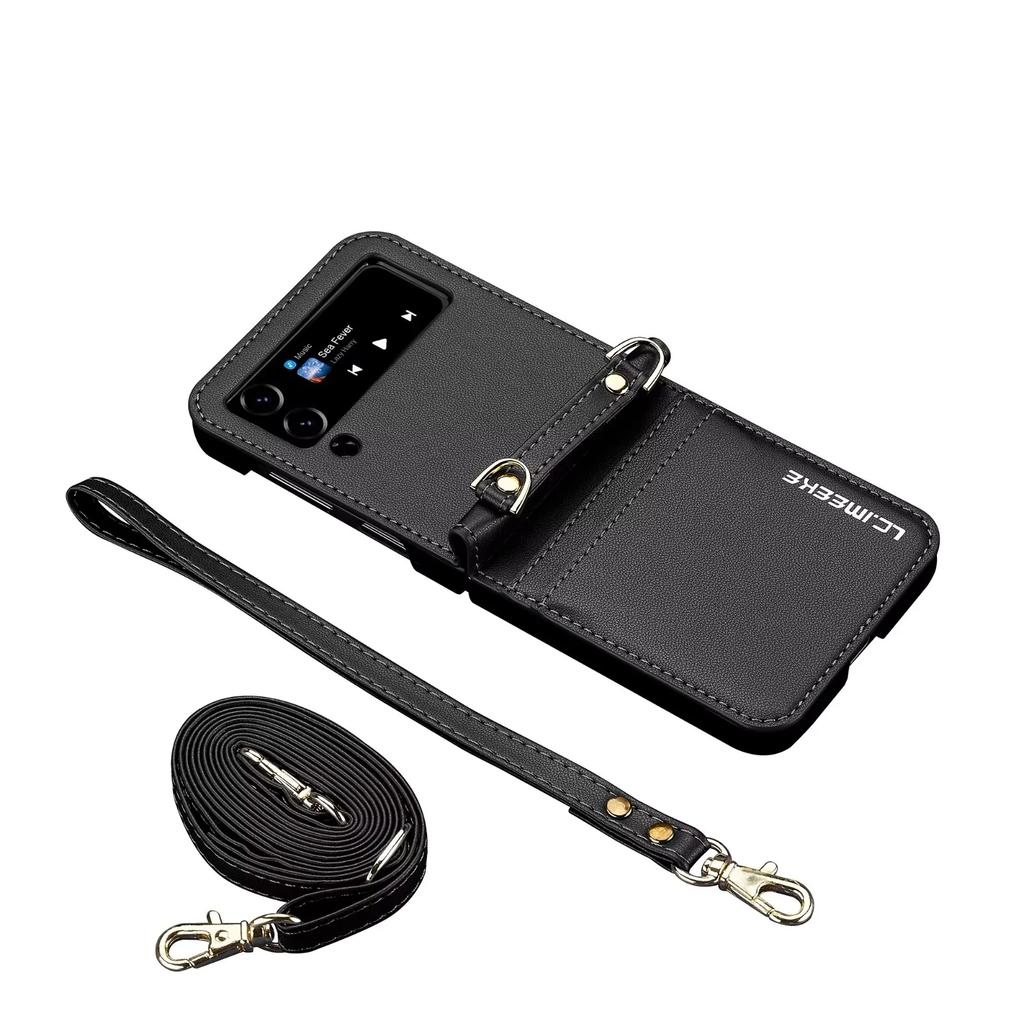 Crossbody Cards Solt Wallet Leather Case For Samsung Galaxy Z Flip 7 FE 6 5 4 3 5G Flip6 Flip7 Hand Strap Lanyard Pocket Cover