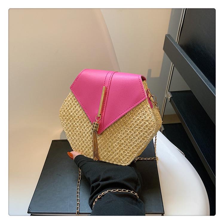 Korean Style Trendy Woven Hexagonal Women's Straw Crossbody Bag with Tassel Chain