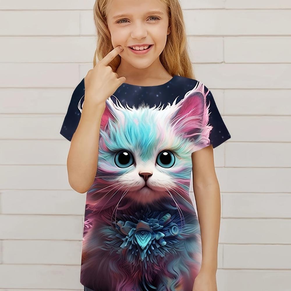 Children's Clothing Cute 3D Cat Graphic Print Short Sleeve Tops Casual Pullover  Boys Girls Summer