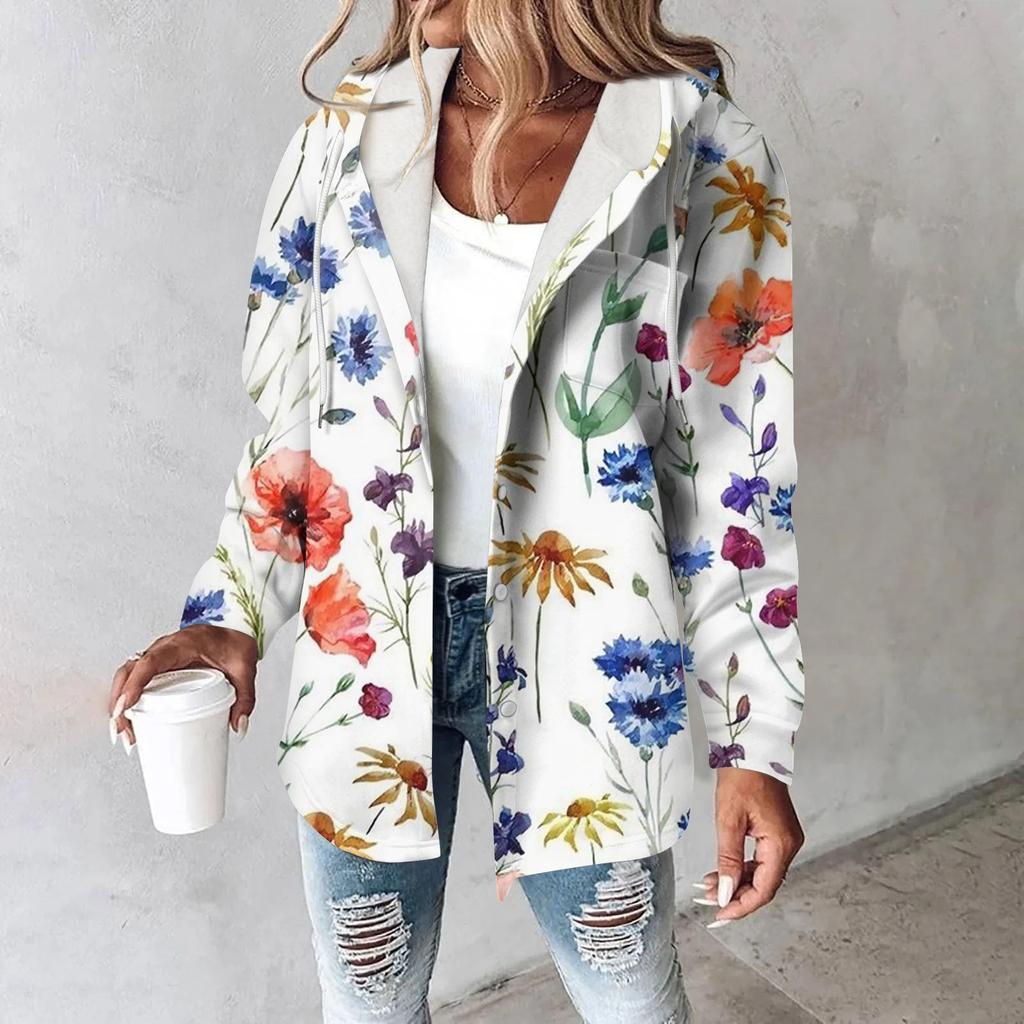 Sweat à capuche pour femme, sweat-shirt chaud d'hiver, bouton, cordon de serrage, veste imprimée, manteau