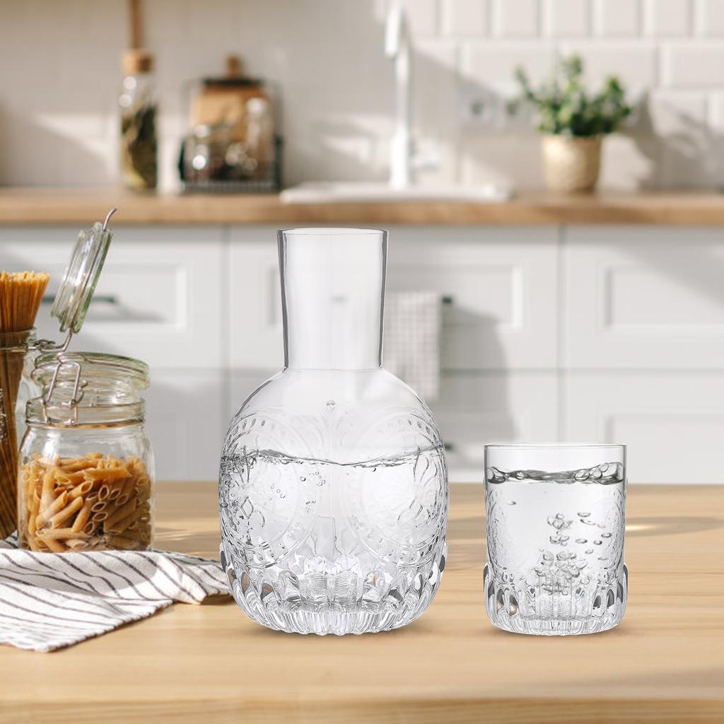1L Water Carafe Set Vintage Bedside Water Carafe and Cup Thick Glass Versatile for Home Bedroom Use Transparent