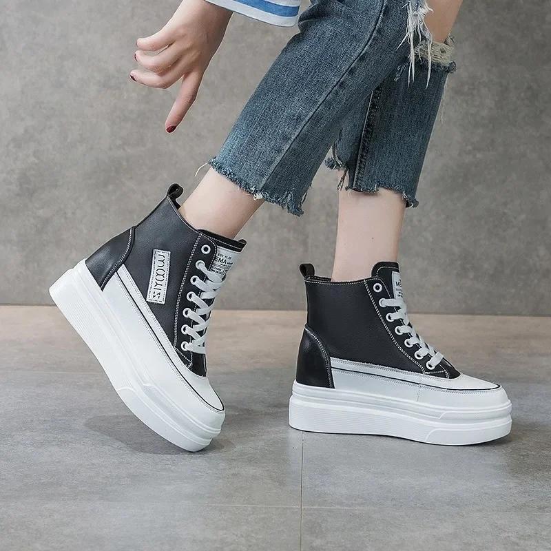 Leather Thick-soled High-top Women's Shoes 2025 Autumn Winter New Fashionable Zipper Height Increased 8cm Casual Sneakers Shoes