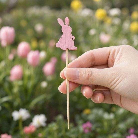 100PCS Bamboo Fruit Tags, Cute Cute Easter Bunny Decor, Multi-Color Disposable Skewers for Fruits Barbecue Cakes Cocktails
