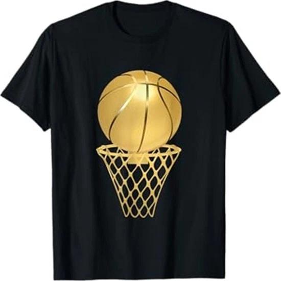 Gold Basketball Hoop Minimal Sport Graphic T Shirt 2XL