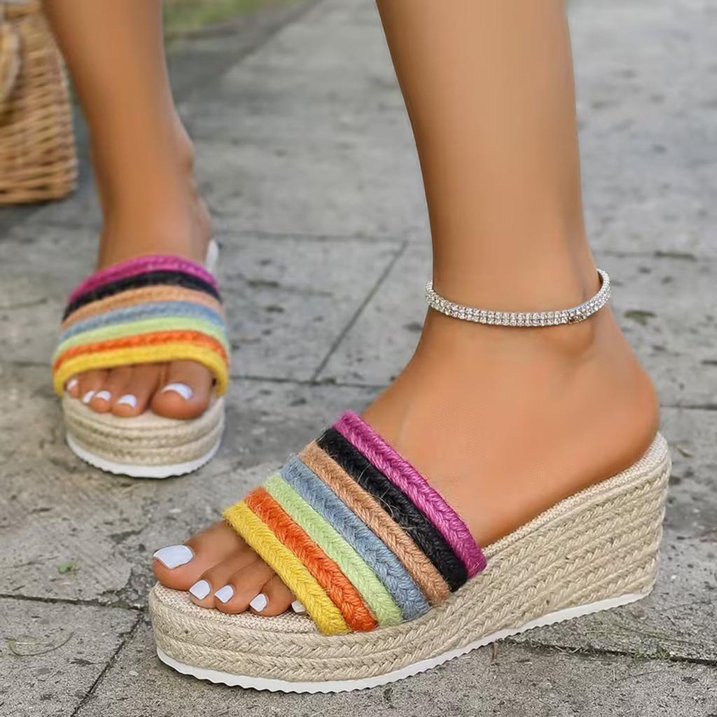Knitted Sandals Women'S Platform Wedge Open Toe Slip Sandal Fashionable And Casual With Woven Jute And Saltwater Sandalias