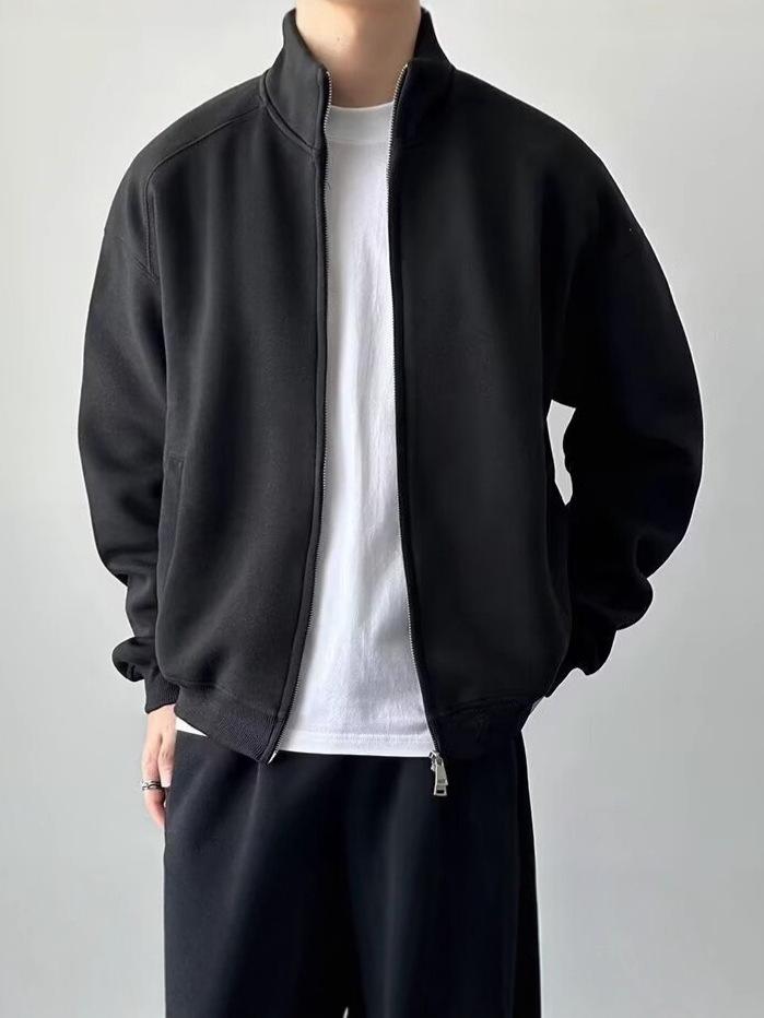 Men's Double Zipper Stand-up Collar Cardigan Hoodie - 2025 Casual Solid Color Outerwear for Spring & Autumn