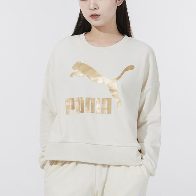 Puma Classics Metallic Gold Big Logo Print Sport Crew Neck Sweatshirt Women Tops Ivory 531382-73