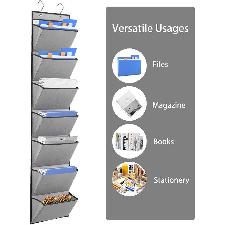 Wall Mounted File Holder Over Door Hanging Mail Organizer Document Storage Bag for Papers Magazines and Books (7 POCKETS-GREY)