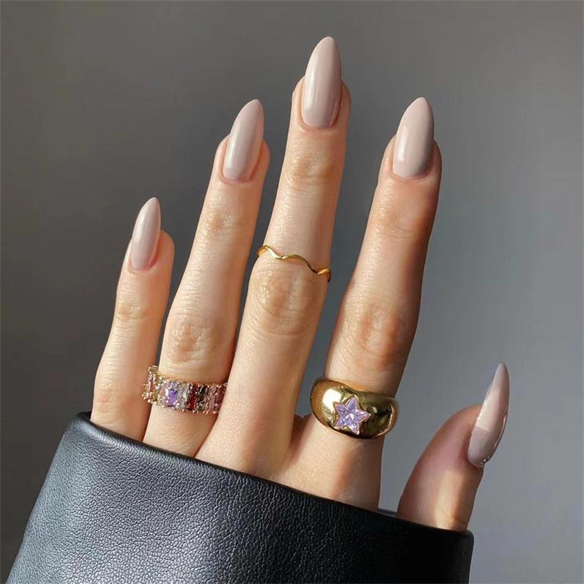 24 Pcs Medium Long Solid Almond Press On Nails Full Coverage Removable Fake Nails Art Wearable False Nail Set
