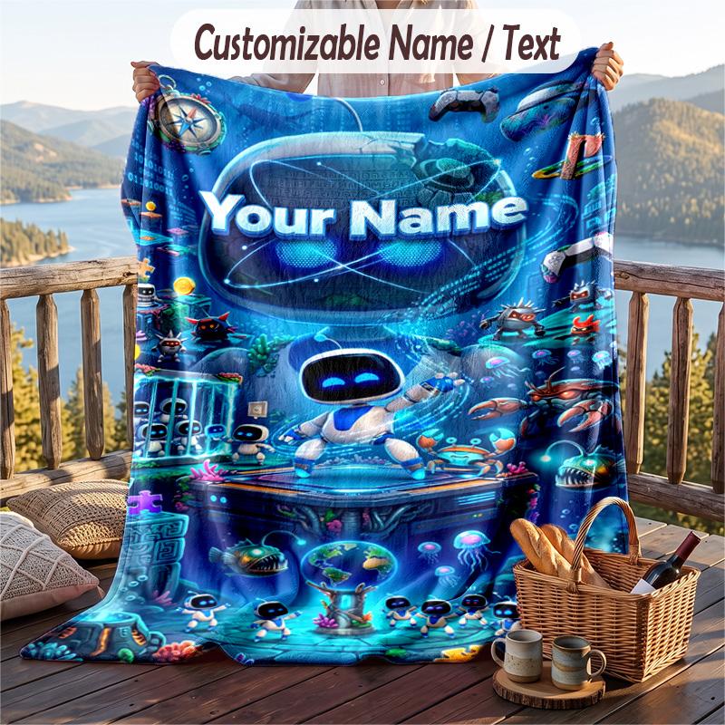 Astro Bot Flannel Blanket, Personalized Custom Name Text, Soft Warm Plush Throw Blanket For Gift