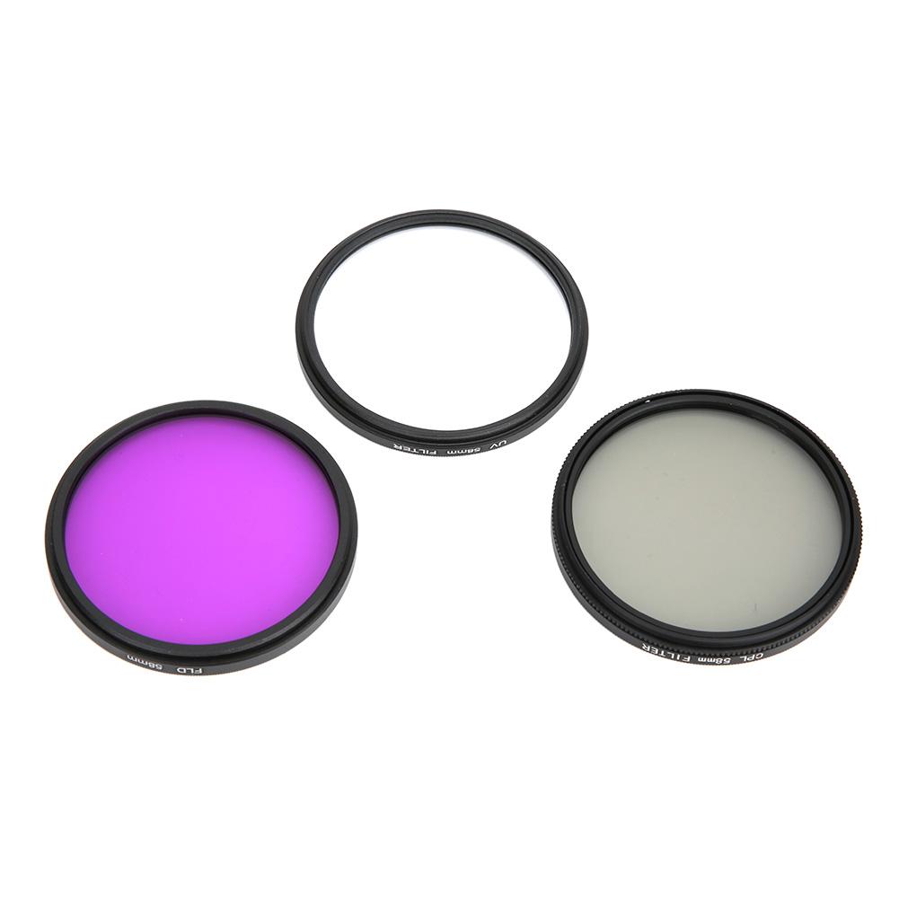 58mm Optical Glass Lens Filter Kit UV CPL FLD with Storage Bag for DSLR Camera