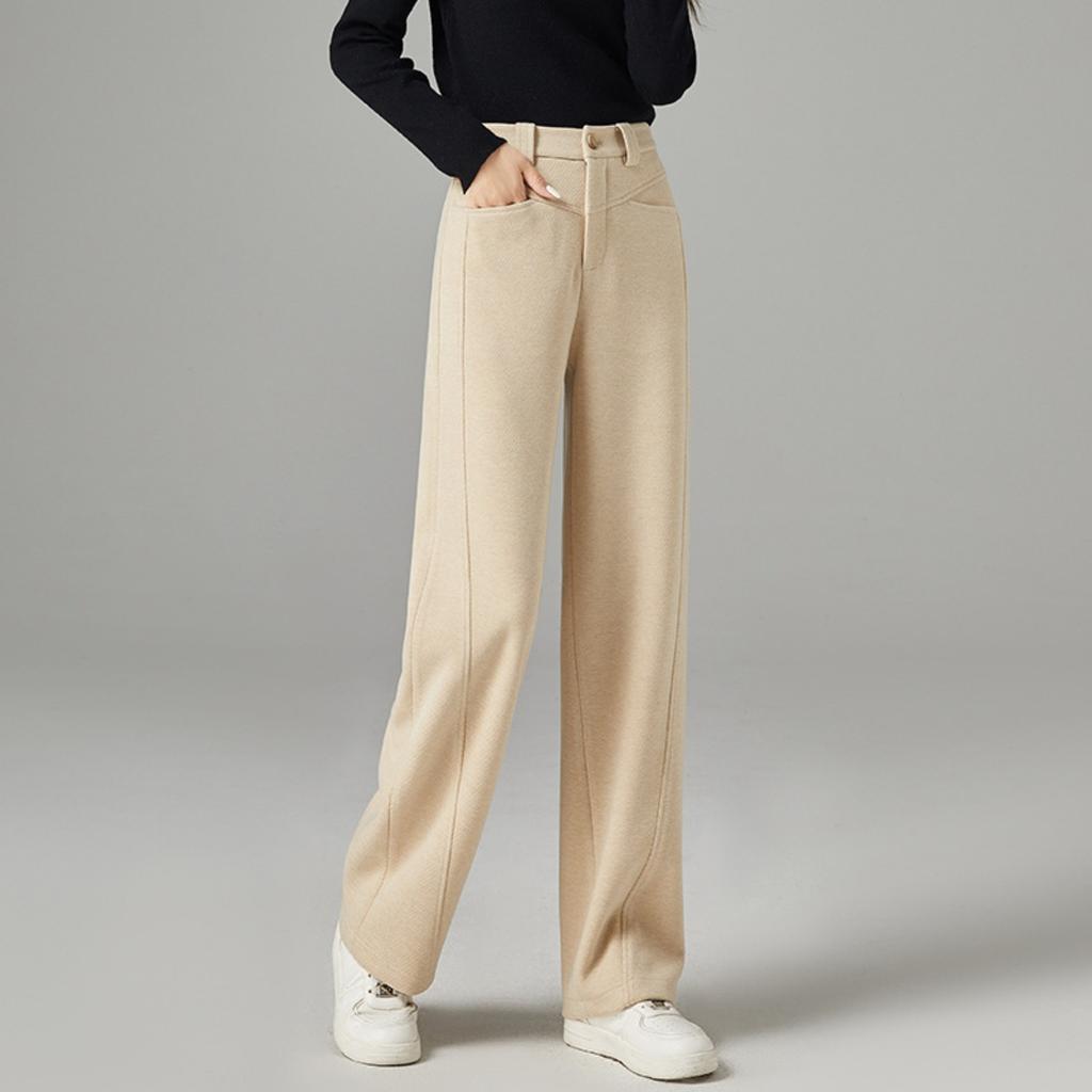 Women's High Waist Straight Leg Long Pants Wool Blend Loose Fit Casual Trousers
