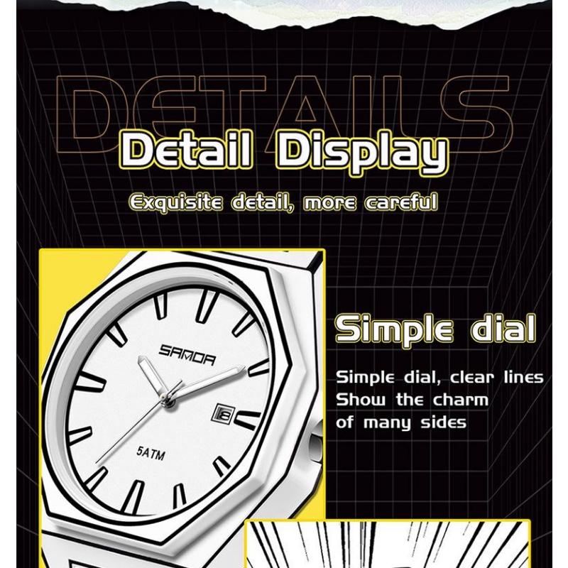 SANDA Fashionable Men's Quartz Watch Waterproof Silicone Strap Unique Scale Calendar Creative Lines Student Watches