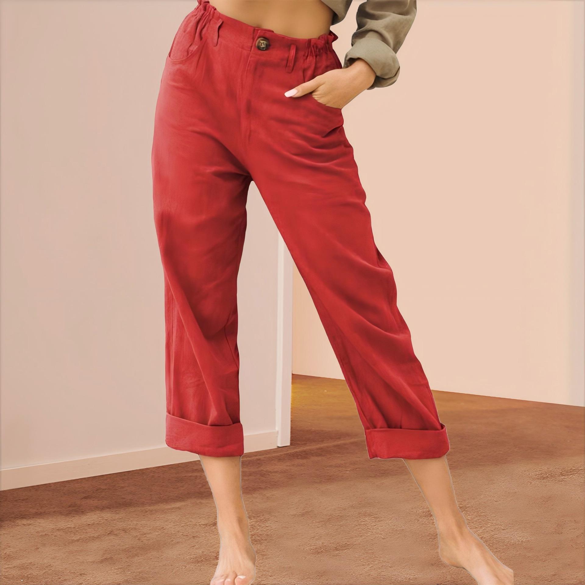 Women s Elastic High Waist Cuffed Hem Straight Leg Cropped Pants Casual Cotton Linen Trousers S красный