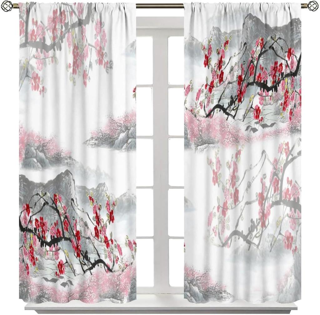 Asian Cherry Blossom Curtains   Retro Simple Red Japanese Ink Landscape Plum Blossom Window Treatments Drapes for Girls Living Ro