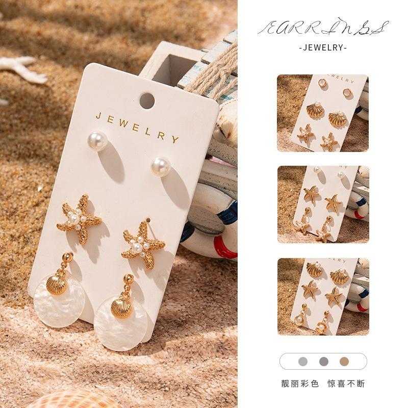 3pcs Gold-plated Pendant Earrings for Women Fashion Starfish Shell Imitation Pearl Earrings Seaside Vacation Stud Jewelry Gift