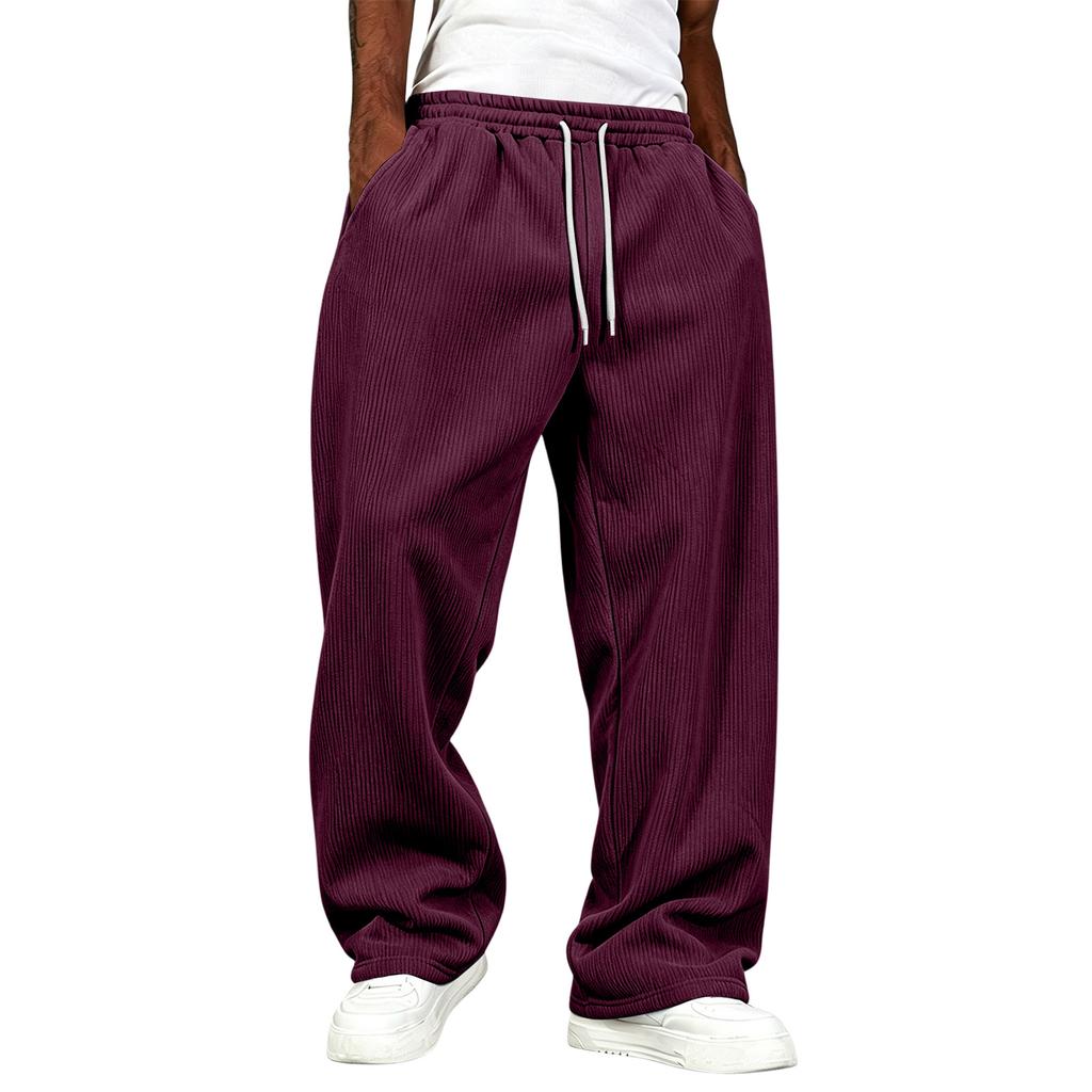 Men's Corduroy Wide Leg Pants with Pockets High Waist Loose Fit Casual Trousers