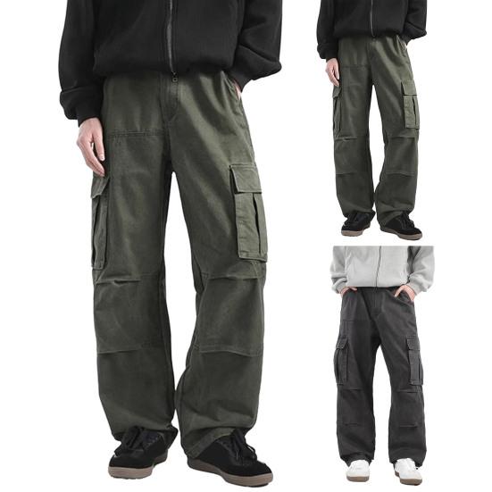 Men Retro Cargo Pants Multi Pocket Casual Baggy Trousers Loose Fit Wide Leg Trousers for Travel Gym School Street Wear
