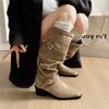 Cowhide Version Retro Belt Buckle Pointed High Boots Women's Autumn and Winter Versatile Thick Heel Leather Boots Temperament Thick Heel Fashion Boots