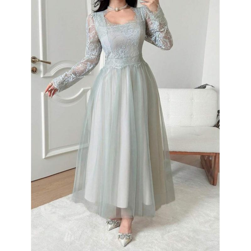 European French temperament elegant gentle wind lace mesh splicing square neck long sleeves waist thin dress S