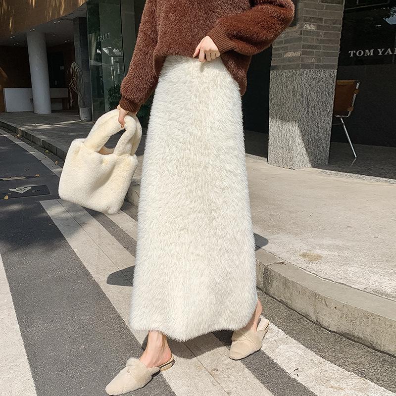 Korean Style Slimming Faux Mink Knit A-Line Midi Skirt for Women - Warm, Winter-Chic