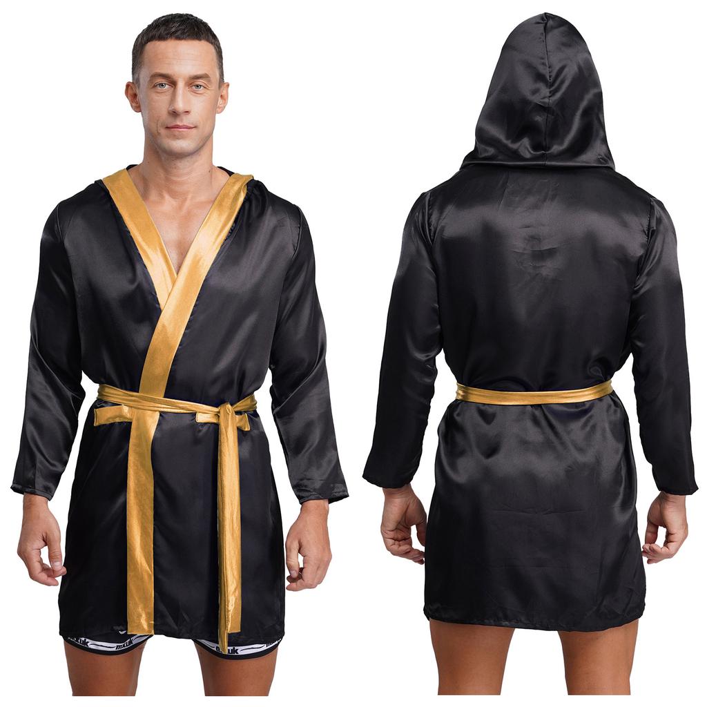 Mens Satin Hooded Cloak Shiny Trim Open Front Belt Boxing Robe