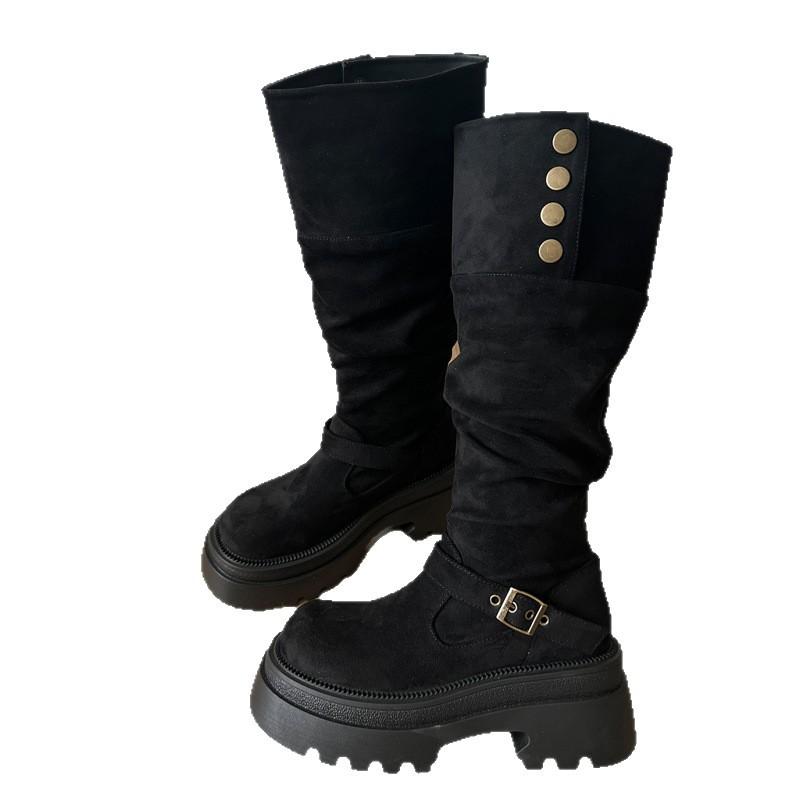 The Inner Height Is Increased by 10cm, Black Stacked Thick-soled Boots, Women's 2025 New Small Men Wear Tall Knight Boots.