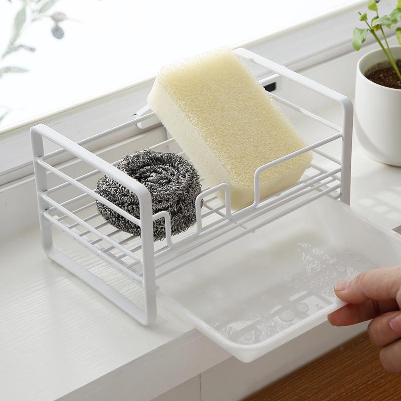 Rustproof Metal Countertop Sponge Holder Removable Drain Tray for Kitchen Sink Dish Cleaning Tools Storage